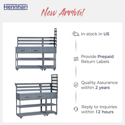 62.3'' Outdoor Kitchen Island with Stainless Steel Top and Raised Shelf, Potting Bench with Drawers and Wheels, Grill Prep Table for BBQ, Patio, Party (Grey Blue)