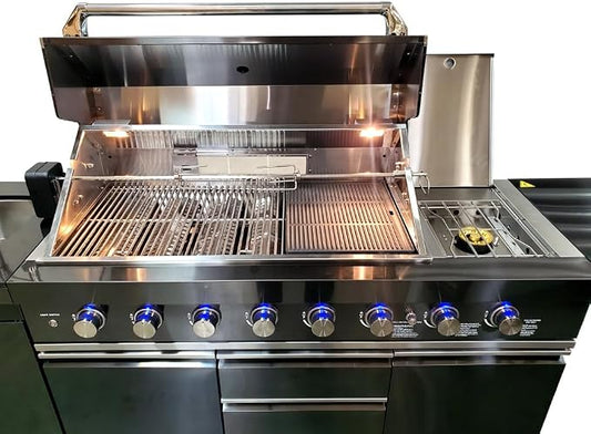 3 Piece 10' Foot Modular Marble Top Black Stainless Steel Outdoor BBQ Kitchen Island Grill, Propane or Natural Gas, with Refrigerator and Sink Modules, 3PMGB