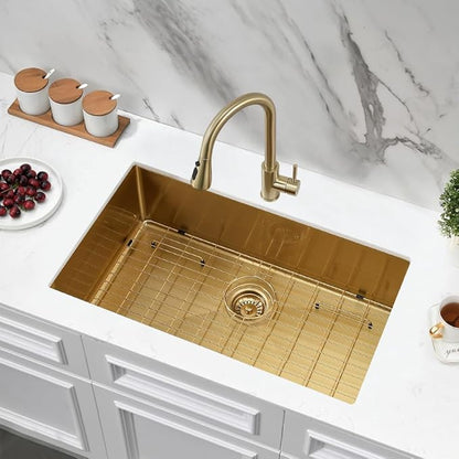 32 Inch Undermount Kitchen Sink Gold, Jshozzy 32x18 Stainless Steel Kitchen Sink Undermount 16 Gauge Gold Single Bowl Sinks Deep