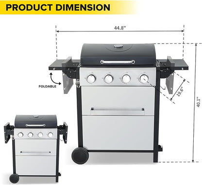 4 Burner Gas Grill with Foldable Shelves, 40,000 BTU Stainless Steel Propane BBQ Grill, 387 Sq. In. Cooking Space, Portable Outdoor Grill for Patio, Backyard, Camping & Tailgating