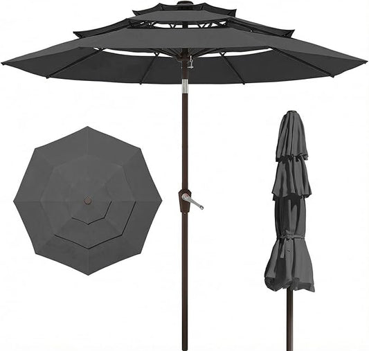 PatioKingdom 9ft 3-Tier Patio Market Umbrella with Crank/Tilt, Commercial Heavy Duty Wind Proof,Outdoor Table Umbrella with 8 Fiberglass Ribs,UPF50+ for Deck,Pool,Garden,Backyard (Gray)