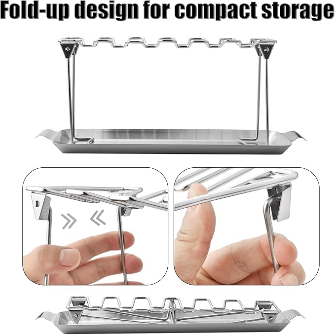 RTT Chicken Leg Rack for Grill with Drip Tray - Easy to Use 12 Slots Chicken Wing Rack - Premium Stainless Steel Chicken Drumstick Rack for Smoker - Chicken Drumstick Holder for Grill Accessories