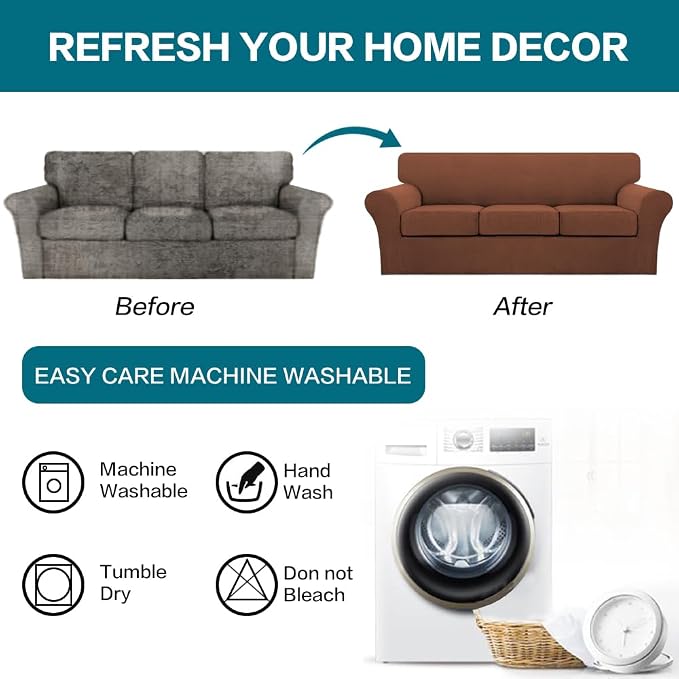Turquoize 4 Piece Sofa Covers for 3 Cushion Couch Sofa Slipcover Soft Couch Cover for Dogs-Washable Sofa Furniture Covers with 3 Individual Large Cushion Covers (XL Sofa, Caramel)