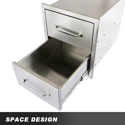 Ryan Stainless Outdoor Kitchen Drawers 14x14.5x23 Inch, 2-Tier Stainless Steel BBQ Double Access Drawers with Handle for Outdoor BBQ Island