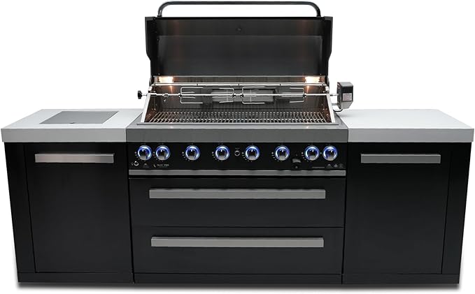Mont Alpi MAi805-BSS Outdoor Kitchen Island Grill - 6 Burner Black Stainless Steel | 44 Inch | Side Burner, Granite Countertops, Rotisserie & Cover