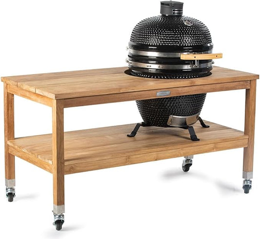 Ash & Ember 18" Kamado Grill Kit with Grade A Teak Table, Spacious Shelves, Built-In Thermometer, Airflow Vent, Heat Deflector, Ash Drawer, Ash Tool, Clip Tool, Protective Cover Included