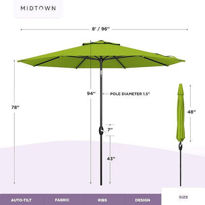 Midtown Umbrellas - 10-Year-No-Fade 8 Ft Patio Umbrella with Terylast Fabric, Auto-Tilt Aluminum Frame and 8 Reinforced Ribs for Deck, Pool, Garden & Beach - Pear Green Canopy, Black Pole