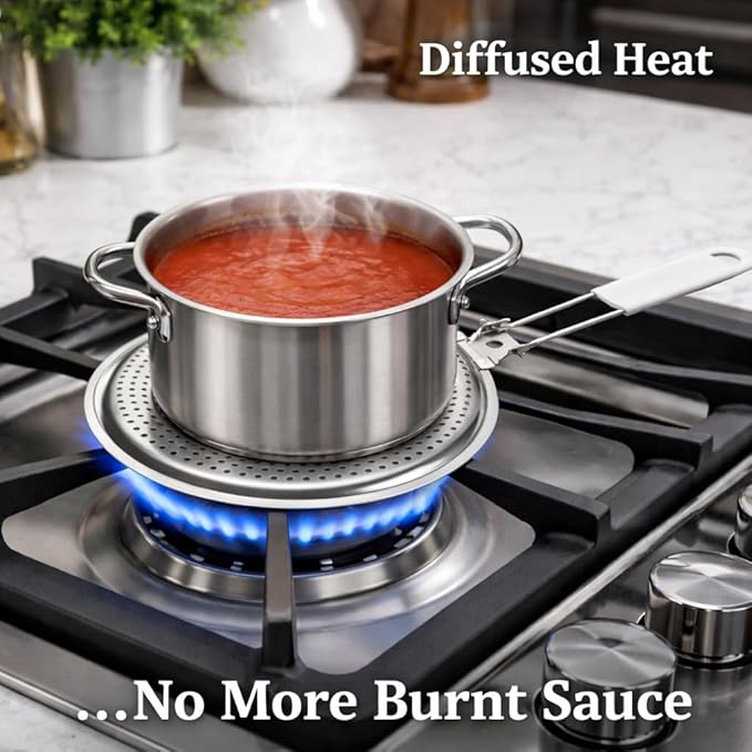 HIC Kitchen Heat Diffuser Reducer Flame Guard With Removable Handle, Stainless Steel, Distributes Heat Evenly And Reduces Scorching, For Gas Electric Glass Stovetops, 8.25-Inch