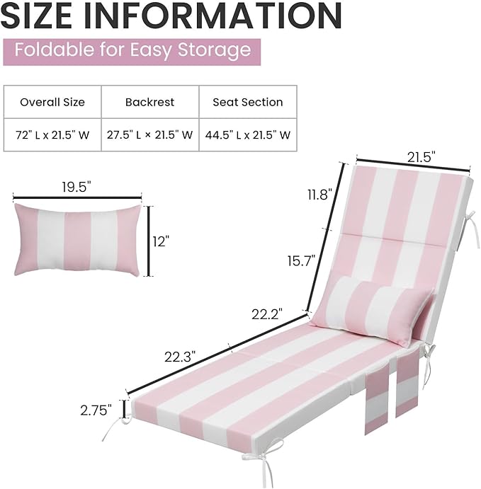 Crestlive Products Foldable Outdoor Chaise Lounge Cushions with Head Pillow and Side Pockets, Water Resistant & Fade Resistant Lounge Chair Cushion, 72''L x 21''W, Set of 2, Pink Stripe