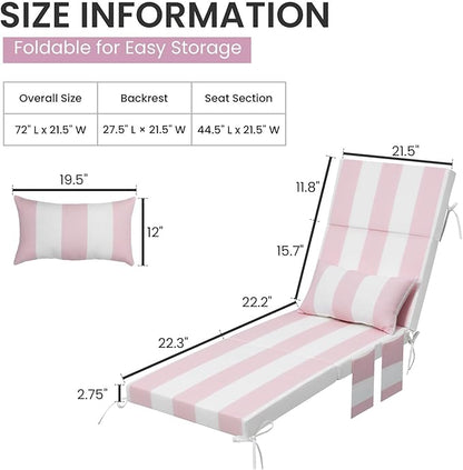 Crestlive Products Foldable Outdoor Chaise Lounge Cushions with Head Pillow and Side Pockets, Water Resistant & Fade Resistant Lounge Chair Cushion, 72''L x 21''W, Set of 2, Pink Stripe