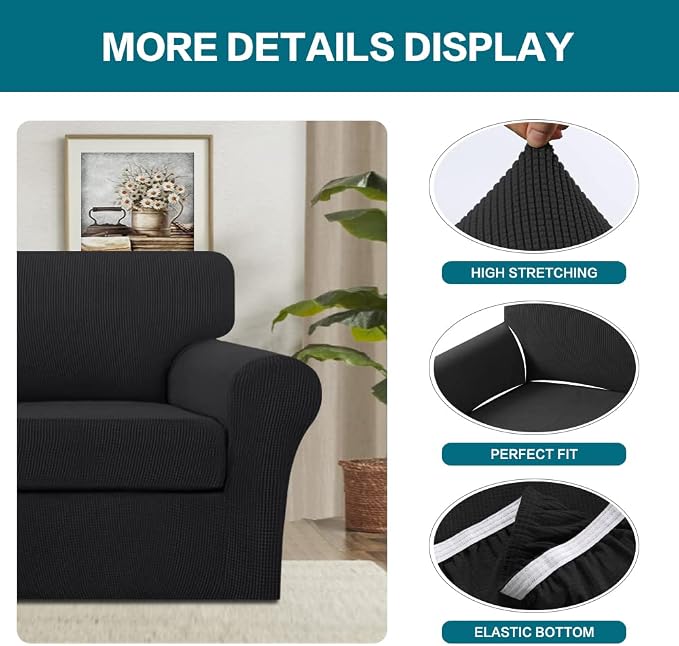Turquoize 2 Piece Chair Covers Chair Slipcovers for Living Room Armchair Couch Cover Chair Sofa Cover with Individual Cushion Covers Furniture Cover for Chairs Feature Jacquard Fabric (Chair, Black)