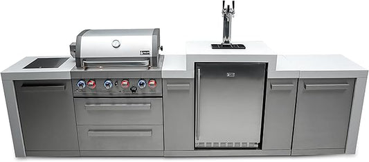 Mont Alpi 130"W Stainless Steel Deluxe Modular Outdoor Kitchen Island with Side Burner + 3 Tap Kegerator Refrigerator + 32"W 4-Burner BBQ Gas Grill + Granite Countertops + Storage Cabinets & Drawers