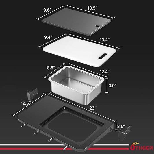 Utheer Front Folding Grill Table for Weber Searwood 600 – 23" x 12.5" Large Front Shelf with Stainless Steel Basin, Works Cutting Board, Lid & 5 Hooks, Heavy-Duty Weber Searwood 600 Accessories