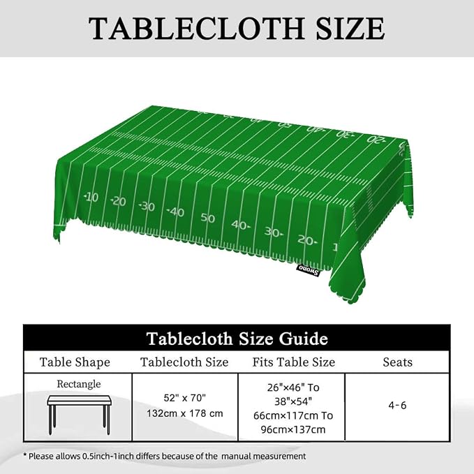 Swono American Football Field Tablecloth Green Lawn Sport Football Field Rectangle Table Cloth Washable Plaid Table Cover for Kitchen Holiday Dinner, 52x 70 Inch Tablecloth