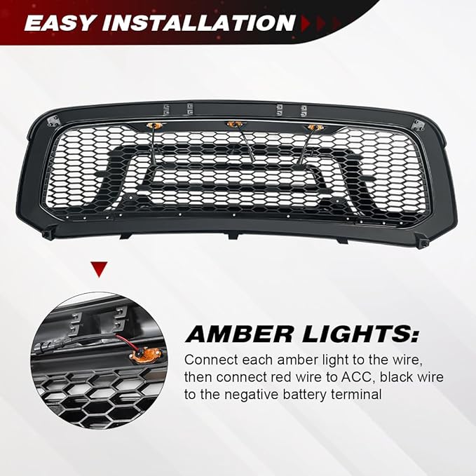 Glossy Black Front Grille Compatible with 2013-2018 Dodge Ram 1500, 2019-2023 Ram 1500 Classic, with Amber Lights (NO "RAM" LETTER)