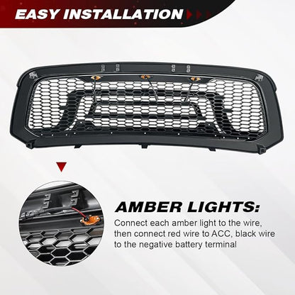 Glossy Black Front Grille Compatible with 2013-2018 Dodge Ram 1500, 2019-2023 Ram 1500 Classic, with Amber Lights (NO "RAM" LETTER)