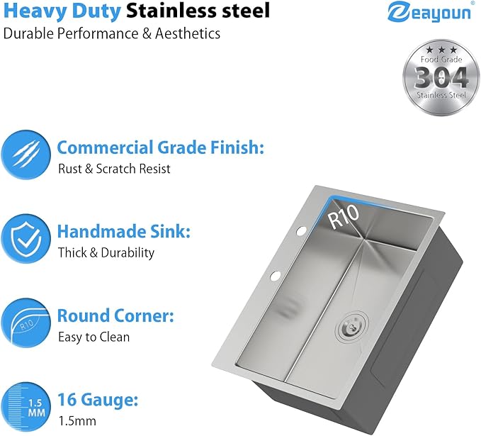 24 Inch Drop in Kitchen Sink 24x18 Drop in Kitchen Sink 16 Gague Topmount Stainless Steel Single Bowl Handmade Sinks Large Deep Basin 24"x18"x9"