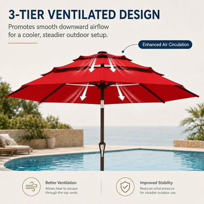 10ft Patio Umbrella, 3-Tier Vented Outdoor Table Umbrella with 8 Sturdy Fiberglass Ribs, Windproof Market Umbrella with Push Button Tilt and Crank, UV Protection for Deck, Pool, Red