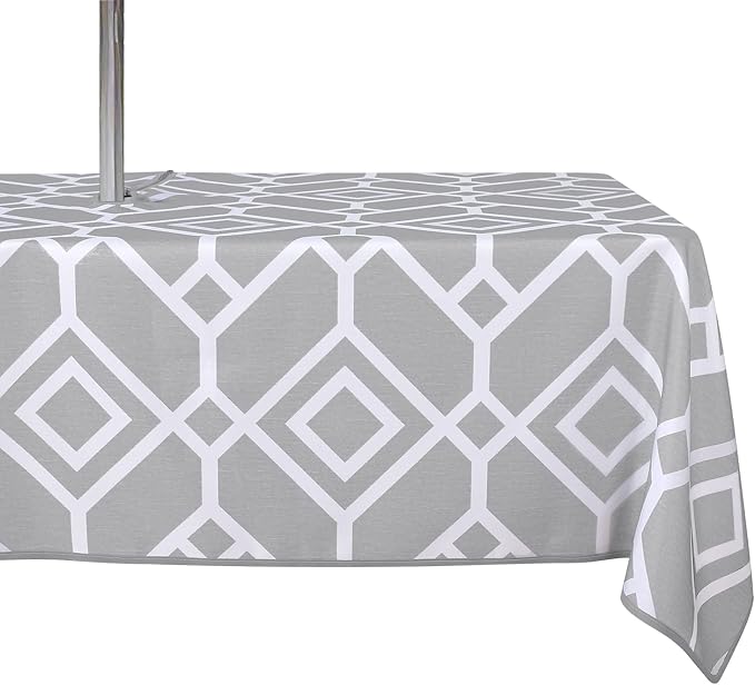 LUSHVIDA Moroccan Outdoor Tablecloth with Umbrella Hole and Zipper 60 x 102 Inch Silver, Rectangle Waterproof Wrinkle Free Table Cloth Decorative Fabric Washable Table Cover for Patio, Party, Picnic