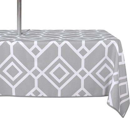 LUSHVIDA Moroccan Outdoor Tablecloth with Umbrella Hole and Zipper, 60 x 84 Inch Silver, Rectangle Waterproof Wrinkle Free Table Cloth Decorative Fabric Washable Table Cover for Patio, Party, Picnic