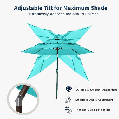 10FT Patio Umbrella 3 Tiers Outdoor Market Umbrella w/Push Button Tilt, Crank, UV and Waterproof Table Umbrella for Garden, Pool, Backyard, Deck, Lawn, Aqua Blue
