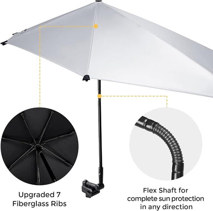 G4Free Beach Chair Umbrella with Universal Clamp UPF 50+ Golf Cart Umbrella | 46"x44" Large Canopy Sun Umbrella UV Protection, Adjustable Clamp for Beach Chair/Wheelchair/Stroller, 360° Flex Shaft, 7 Rib