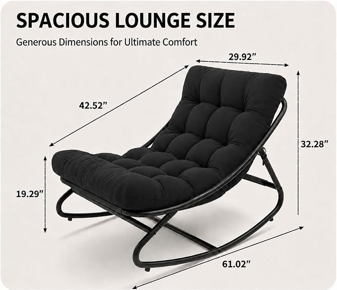 Garvee Papasan Rocking Chair, Thick Cushion, 450 lb Frame, Dark Gray | Gentle rocking motion and a roomy curved seat create a calm reading retreat for patios, balconies, bedrooms or living rooms.