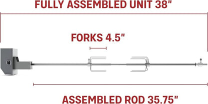 TYTUS Motorized Rotisserie Kit with Stainless Steel Rod for 4-Burner Gas Grills, 120V Electric Motor with Adjustable Forks