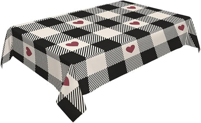 Decorative Rectangle Table Cloths Checkered Valentines Black Plaid Red Heart Tablecloth Table Cover for Dining/BBQ/Picnic/Coffee Table 52 X 70 Inches