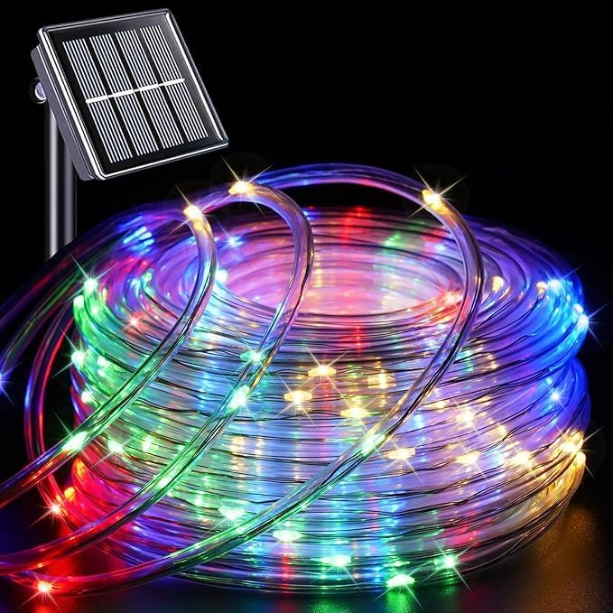 QITONG Solar Rope Lights Outdoor, 66ft 200 LED Multicolor Solar Tube Lights, Trampoline Fairy Lights in Clear Thin Tube with 8 Modes
