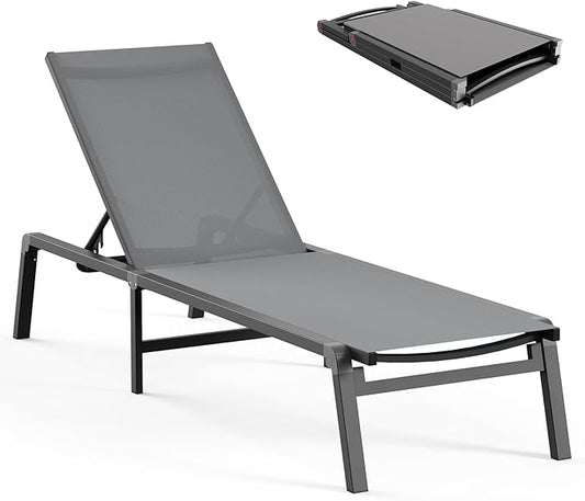 Ciokea Aluminum Chaise Lounge Ourdoor - Foldable & Assemble Free Outdoor Lounge Chair with 5 Adjustable Backrest, Patio Lounge Chair for Outside Poolside Beach Pool, Grey