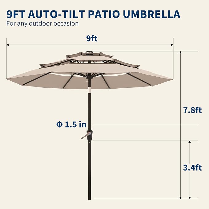 9FT 3 Tiers Patio Umbrella With Auto Tilt And Crank, Outdoor Table Market Umbrella with 8 Sturdy Ribs for Garden, Lawn, Deck, Backyard and Pool