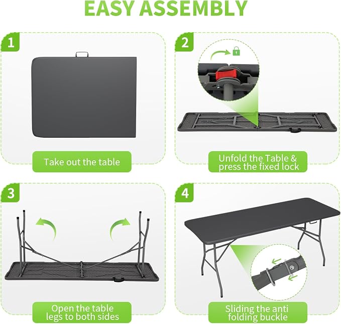 BestOffice 6 FT Picnic Table, Portable Plastic Folding Table with Carrying Handle Perfect for Picnics, Parties, Party and Camping, Grey