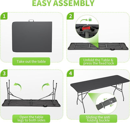 BestOffice 6 FT Picnic Table, Portable Plastic Folding Table with Carrying Handle Perfect for Picnics, Parties, Party and Camping, Grey