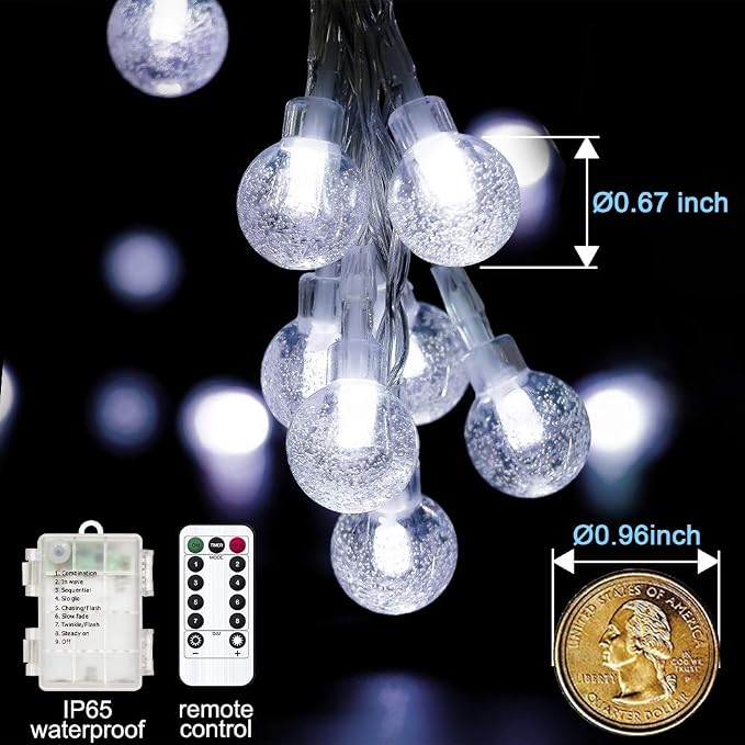 Globe String Lights Battery Operated ，2 Pack 26.2FT 60 LED Cool White Water Proof Crystal Ball Outdoor String Lights with Remote Control for Home, Patio,Party, Christmas, Garden Decor