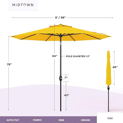 Midtown Umbrellas – The Lean 8 Ft Patio Umbrella with 10-Year-No-Fade Acrylast Acrylic Fabric, Auto-Tilt and 8 Reinforced Ribs for Deck, Pool, Garden, Hotel & Cafes – Studio Yellow Canopy, Black Pole