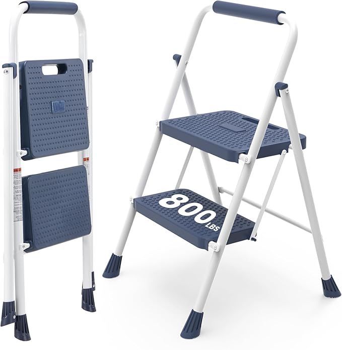 OLIXIS 2 Step Ladder, 880lbs Heavy Duty Step Stool with Anti-Slip Pedal | Portable Stepping Stool with Sturdy Ladder & Comfortable Handrail, for Kitchen, Garage & Outdoor Use, Blue