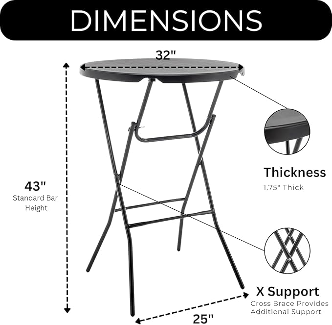 BTEXPERT 32" Round 43" Bar Height Folding Commercial Portable Banquet Plastic Coffee Dining Cocktail Table for Wedding Party Event Home Kitchen Indoor Outdoor Standing Walking-Black