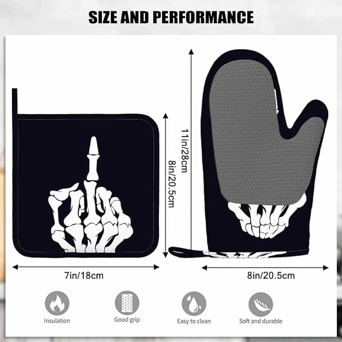 Mxocom FK Graphic Oven Mitt and Pot Holder with Silicone Finger Bones Design Heat Resistant Kitchen for Cooking BBQ Baking Grilling Spring/Summer