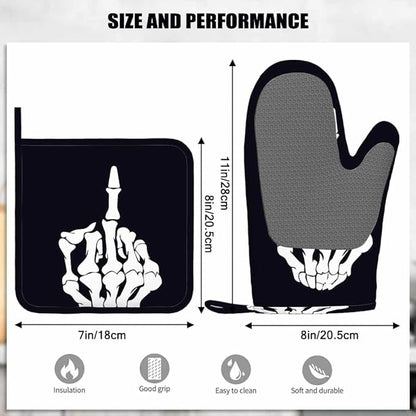 Mxocom FK Graphic Oven Mitt and Pot Holder with Silicone Finger Bones Design Heat Resistant Kitchen for Cooking BBQ Baking Grilling Spring/Summer