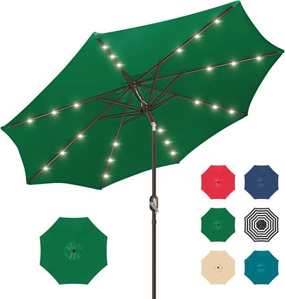 Patio Umbrella with Solar Lights, 9ft, 24 LED, Grass Green, Outdoor Umbrella with Push Botton Tilt & Crank, Heavy-Duty, Vented, Ideal for Garden, Backyard & Pool