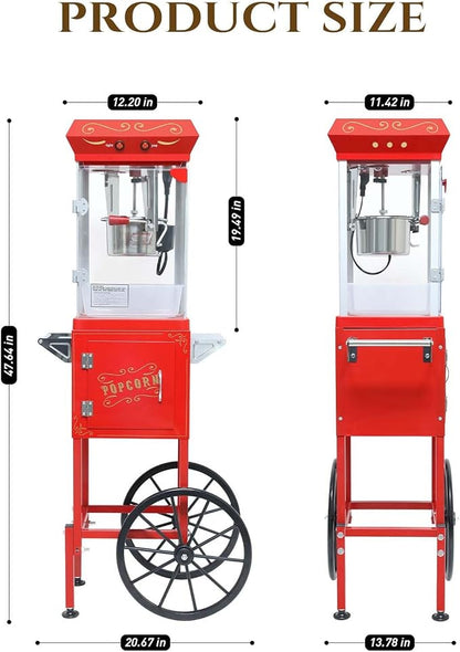 Popcorn Machine with Cart, 6 Oz Kettle, Mobile Popcorn Maker for 32 Cups per Batch, Nostalgia Movie Theater Style, Vintage Bar Style Popcorn Machine with Lockers for Home & Events, Red