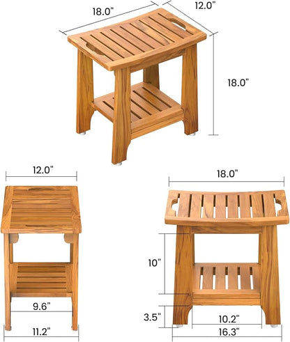 NNN 18" Standard Teak Shower Bench with Japan-Made Non-Slip Leveling Feet | US Patented Design, Marine-Grade Hardware, Pre-Oiled European Teak Oil, Ready, 300lb, for Standard Tubs Showers & Outdoor Use