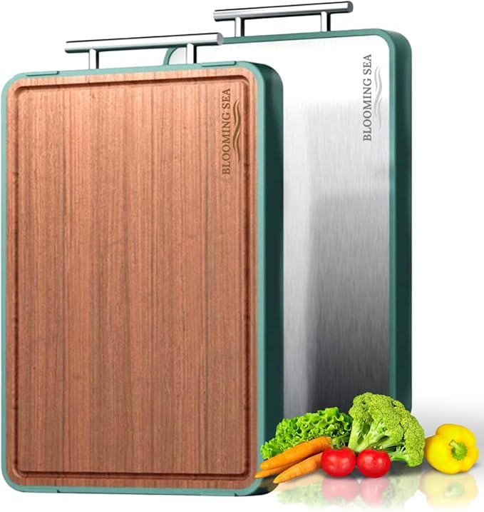 Double-Sided Cutting Board – Generously Sized Stainless Steel & Ebony Wood, Non-Slip Chopping Board with Juice Groove – 2-in-1 Cutting board for Fish, Meat, Vegetables, BBQ, Charcuterie.