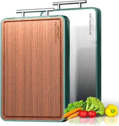 Double-Sided Cutting Board – Generously Sized Stainless Steel & Ebony Wood, Non-Slip Chopping Board with Juice Groove – 2-in-1 Cutting board for Fish, Meat, Vegetables, BBQ, Charcuterie.