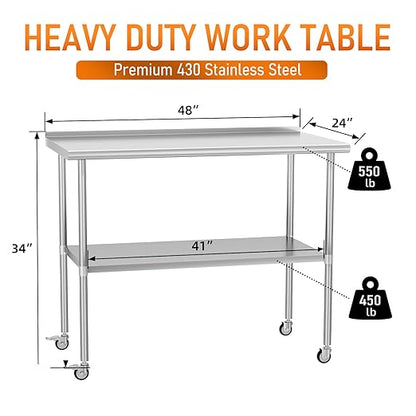 Stainless Steel Prep Table 24" X 48" with Adjustable Undershelf, Backsplash and Wheels, Commercial Metal Workstations for Kitchen, Garage, Outdoor BBQ