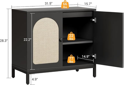 GarveeHome Rattan Sideboard Buffet Cabinet Set of 2, Black | Boho Accent Kitchen Storage Liquor Bar Console Cabinet with Adjustable Shelf for Living Room, Hallway