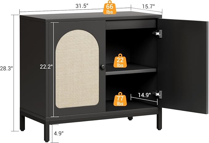 GarveeHome Rattan Sideboard Buffet Cabinet, Kitchen Storage Cabinet, Black | Rattan Doors and Adjustable Shelves, Boho Accent Liquor Coffee Buffet for Living Dining Room Hallway