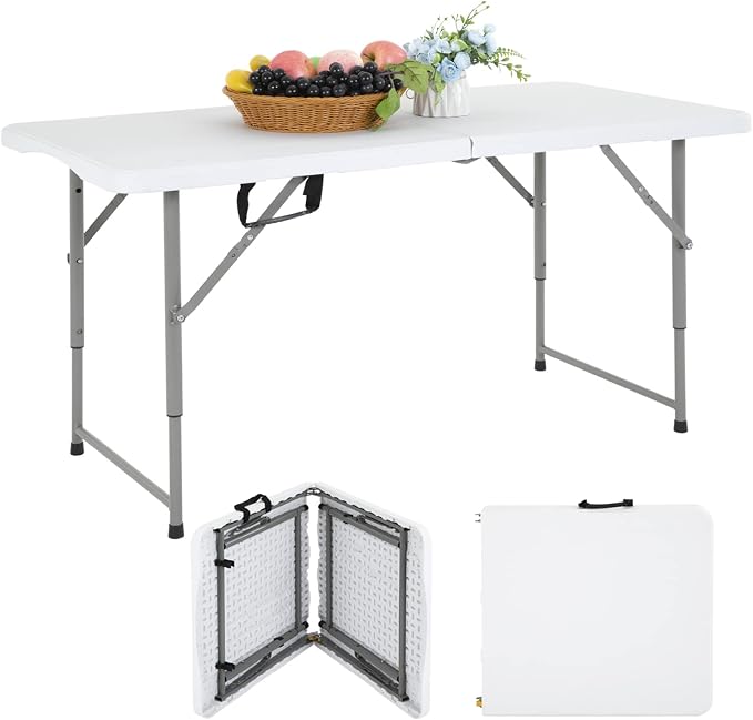 PayLessHere Folding Camping Table Plastic Picnic Table Office Table for Parties Wedding Camping Office with Carrying Handle (White, 4 FT)