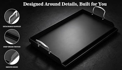 QuliMetal 25" x 16" Cast Iron Grill Griddle Kit, Pre-Seasoned Flat Top Griddle Plate with Scratch-Safe Accessories, Universal Outdoor Griddle for Gas Grill, Charcoal Grill, Camping, BBQ & Tailgating
